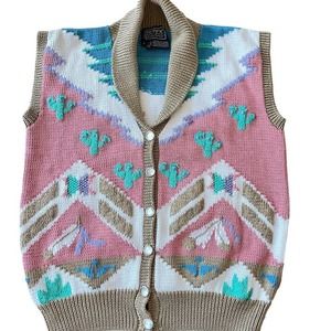 Berek Marta D Hand Knit Sweater Vest Southwestern Pink Cactus Size Large
